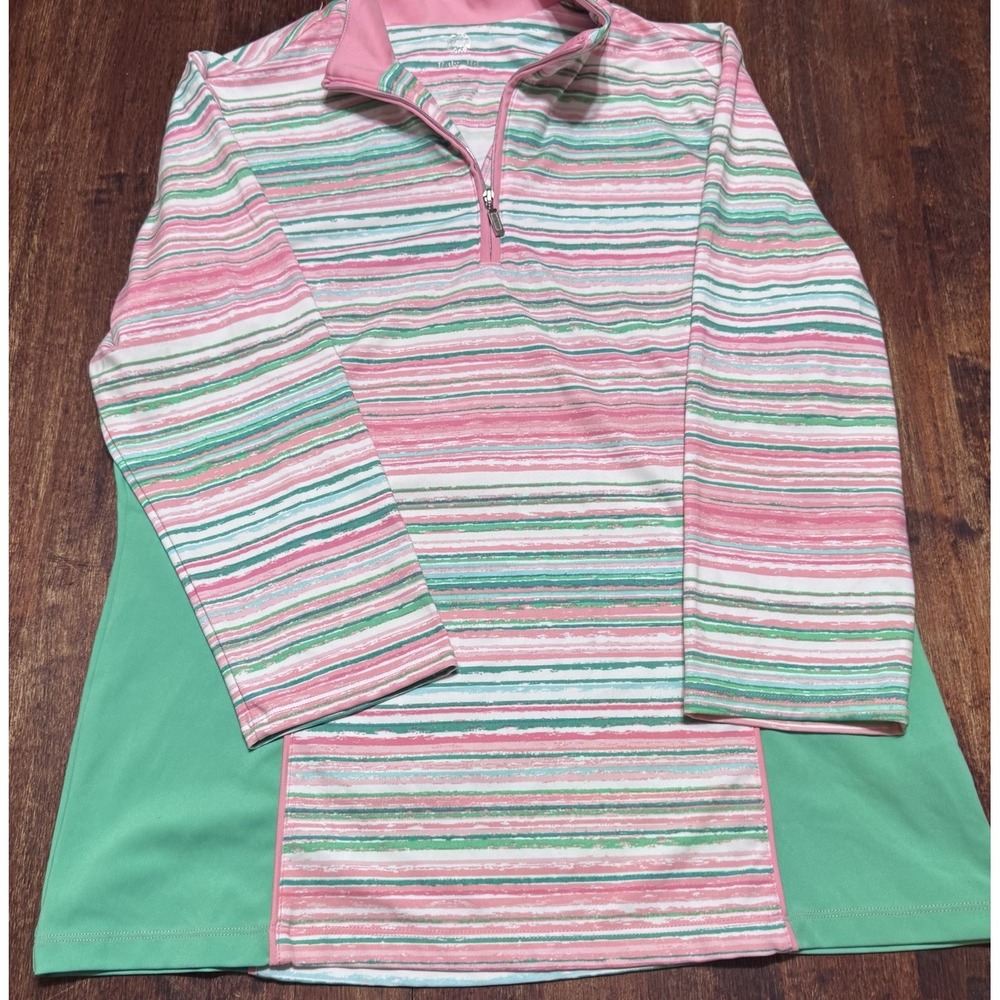 Ruby Rd Top Small 3/4 Sleeve 1/4 Zip Pink Green‎ Stretch Striped Top Women